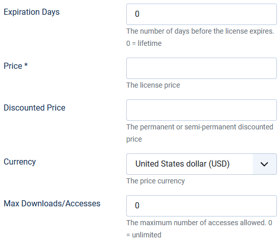 The license payment parameters