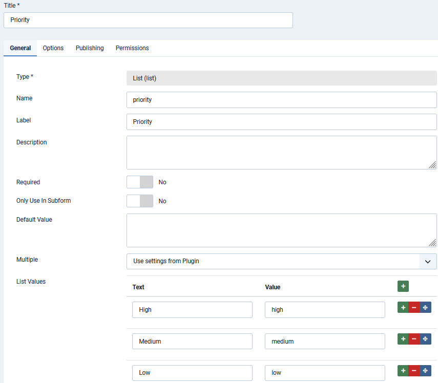 A custom field of list type